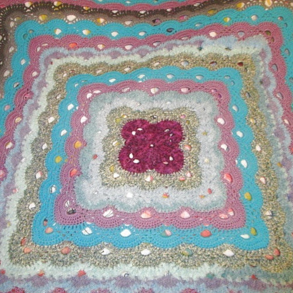 Vtg Crochet Knit Afghan 71" Blanket Glitter Rainbow Couch Throw Shell Stitch EUC